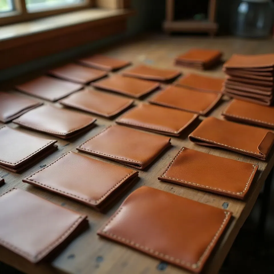 Rows of finished leather card holders laid out on a workshop table by a window, more stacked at the edge