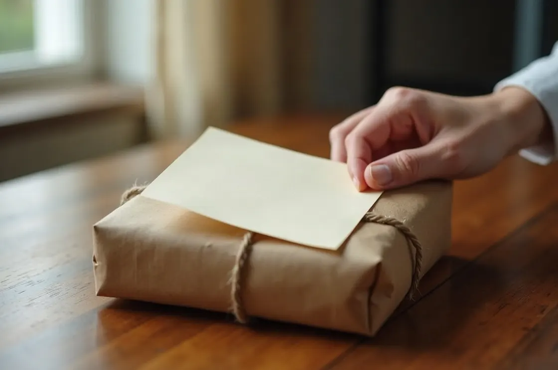 A hand setting a blank card on a parcel wrapped in brown paper and twine
