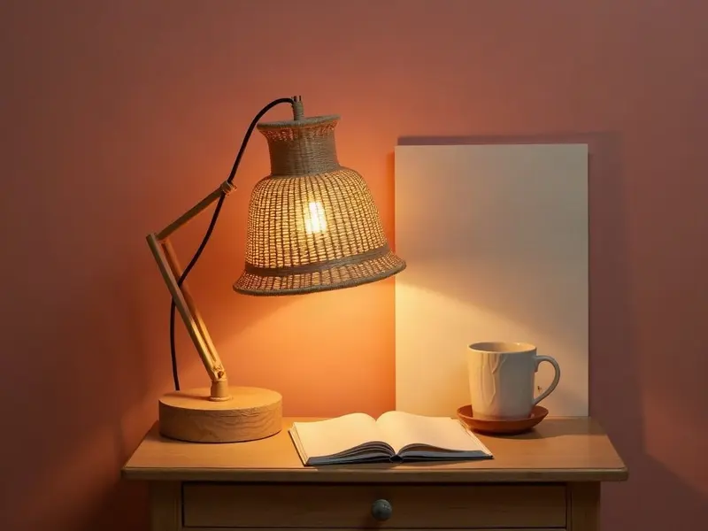 A woven rattan desk lamp, lit, on a wooden desk