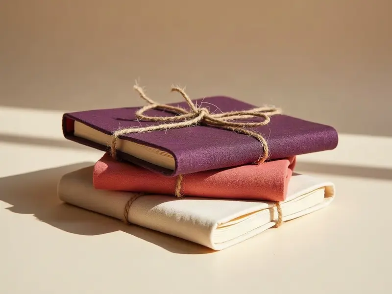 Three clothbound notebooks tied together with twine