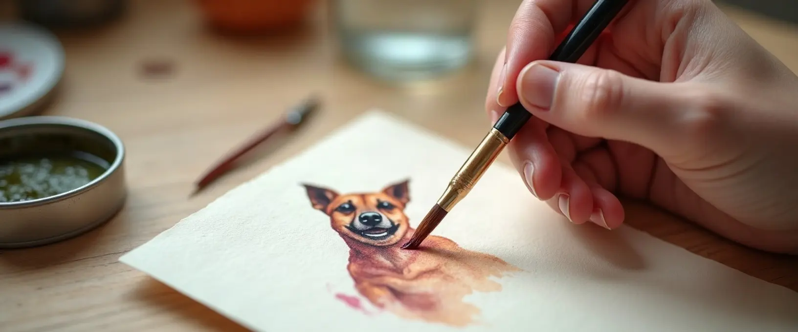A hand painting a small watercolour portrait of a dog with a fine brush