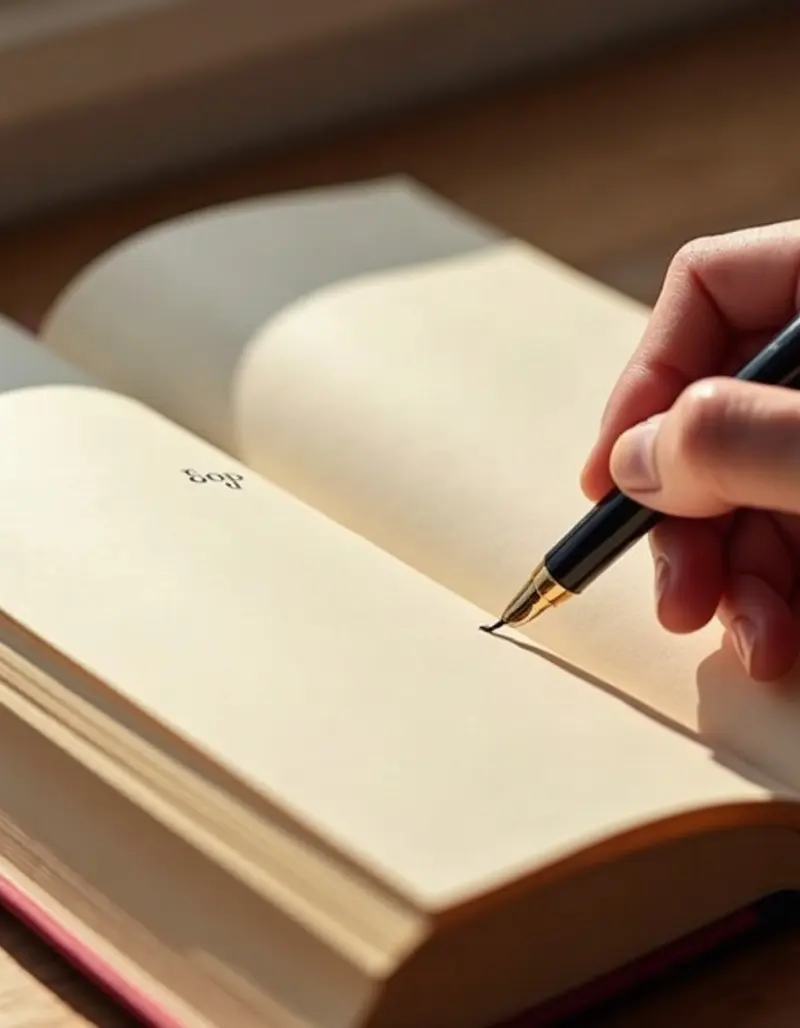 A hand signing the title page of a book with a fountain pen